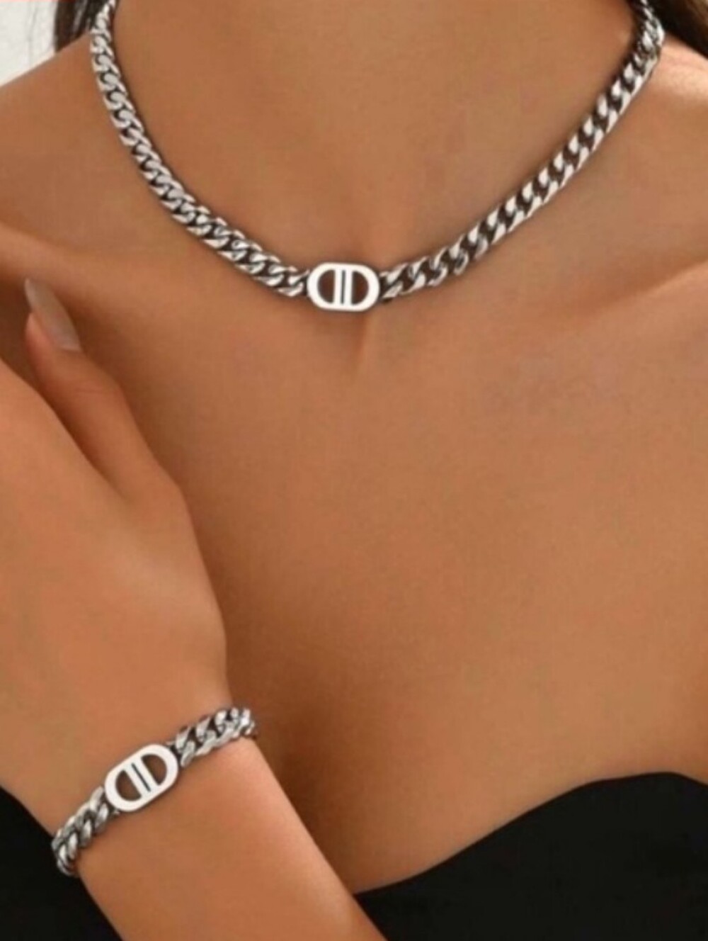 Silver Stainless Steel Chain Necklace and Bracelet Link Accent Designer Inspired